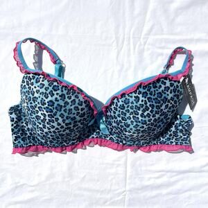 Rampage Y2K Underwire Bra 38C Blue Leopard Print Pink Ruffle